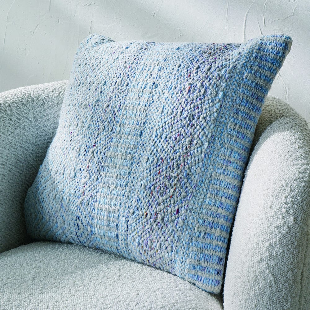 Indoor Outdoor Aqua Blue and White Inca Design Scatter Cushion.