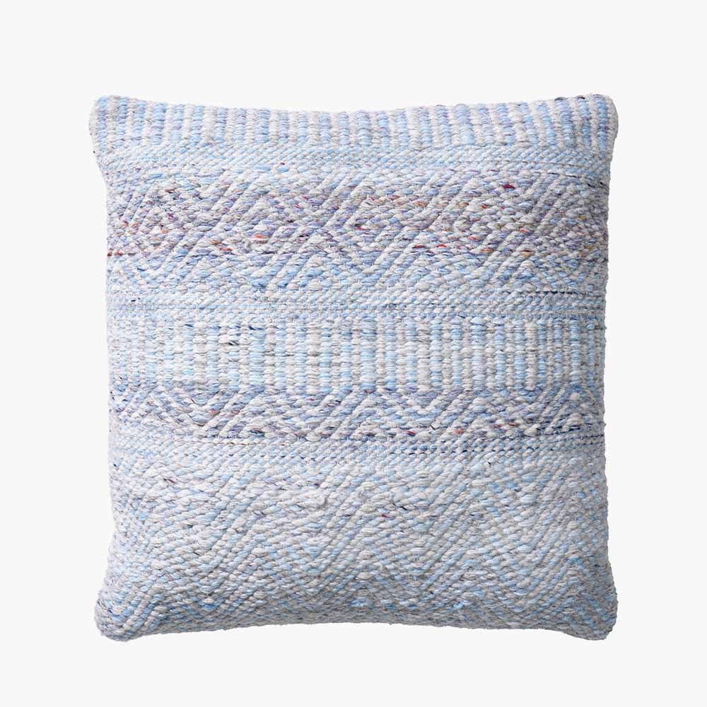 Indoor Outdoor Aqua Blue and White Inca Design Scatter Cushion.