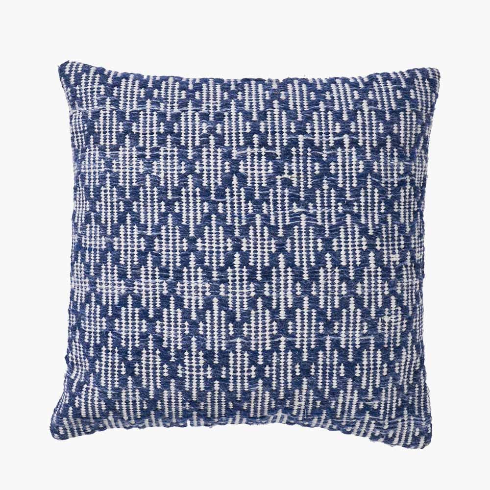 Indoor Outdoor Denim Blue and White Ikat Design Scatter Cushion.