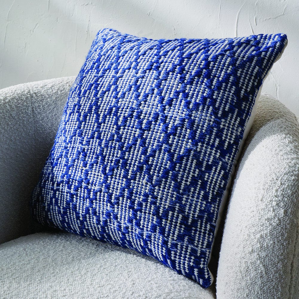 Indoor Outdoor Denim Blue and White Ikat Design Scatter Cushion.