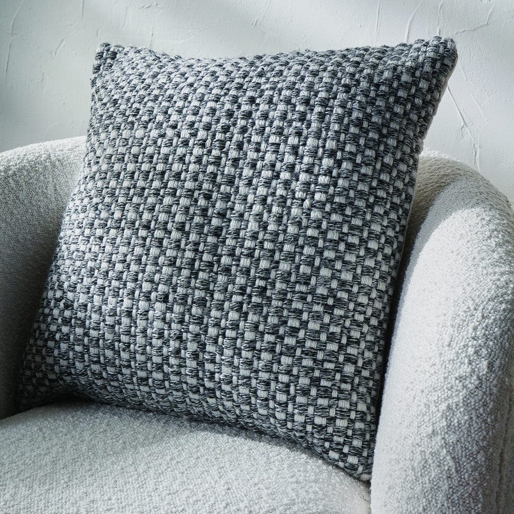 Indoor Outdoor Graphite and White Basket Weave Design Scatter Cushion.