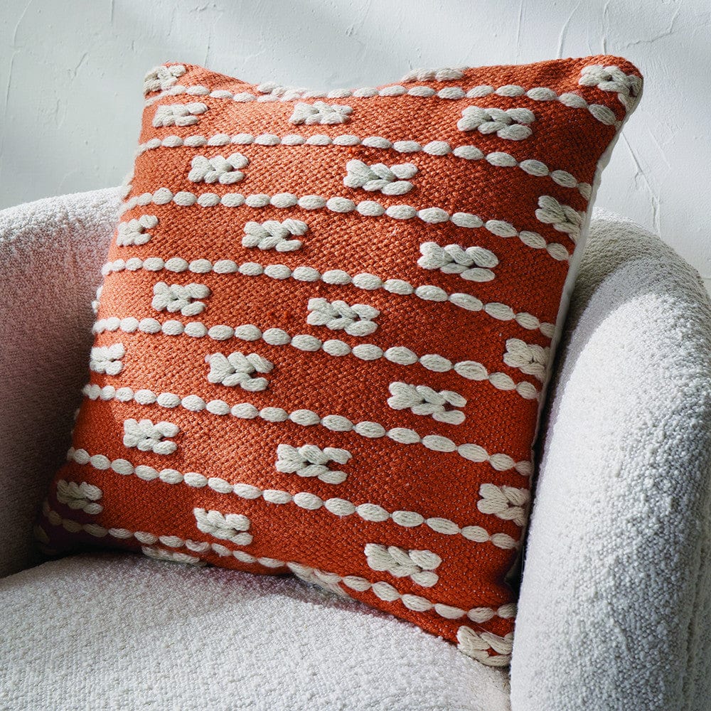 Indoor Outdoor Terracotta and White Braid Design Scatter Cushion.