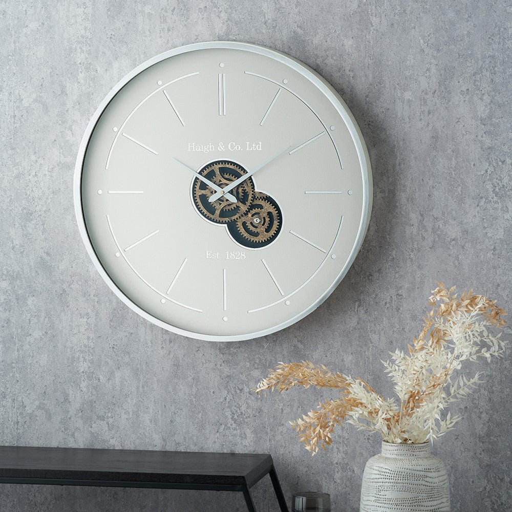 Ivory and Silver Wood Working Cog Wall Clock.
