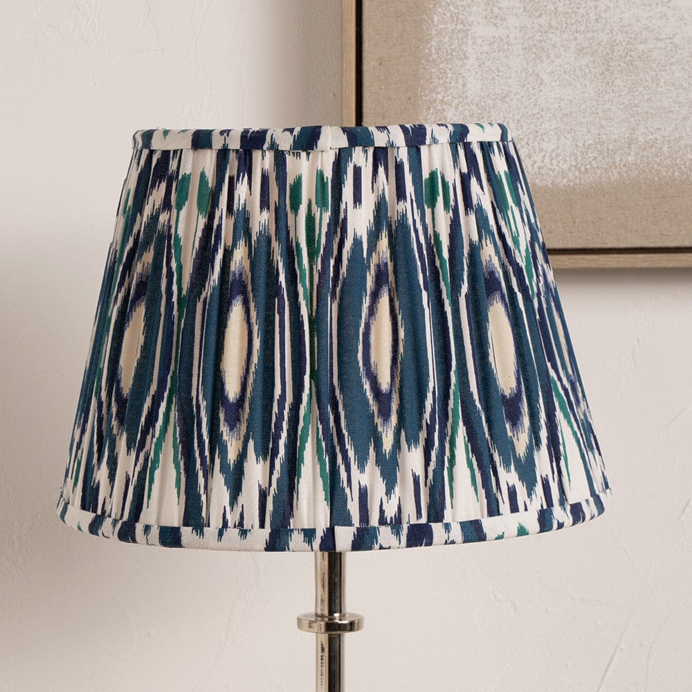 Izara 40cm Ocean Blue Ikat Patterned Mushroom Pleat Tapered Lampshade.