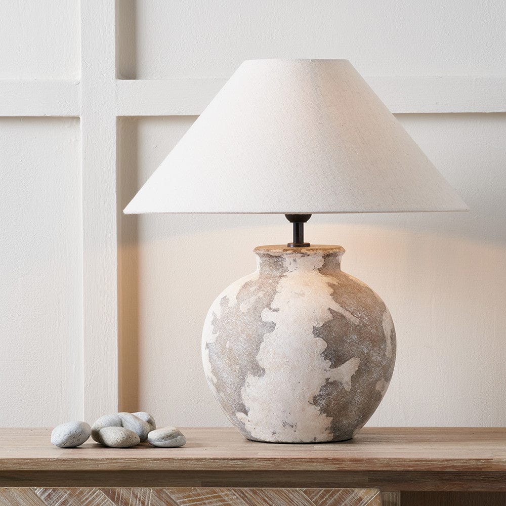Lulia Antique Finish Stoneware Table Lamp Base with Harley 40cm Slubby Hopsack Empire Lampshade.