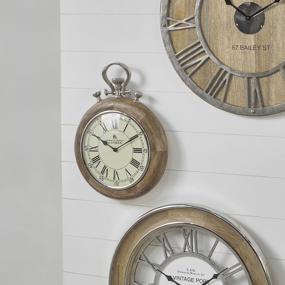Nickel & Wood Stopwatch Wall Clock.