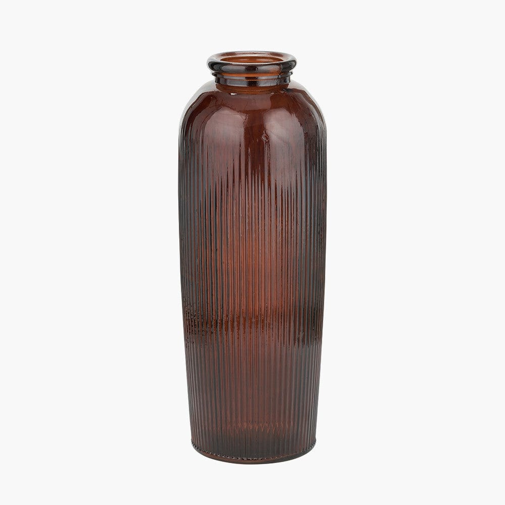 Pecan Brown Recycled Glass Ribbed Vase Tall.