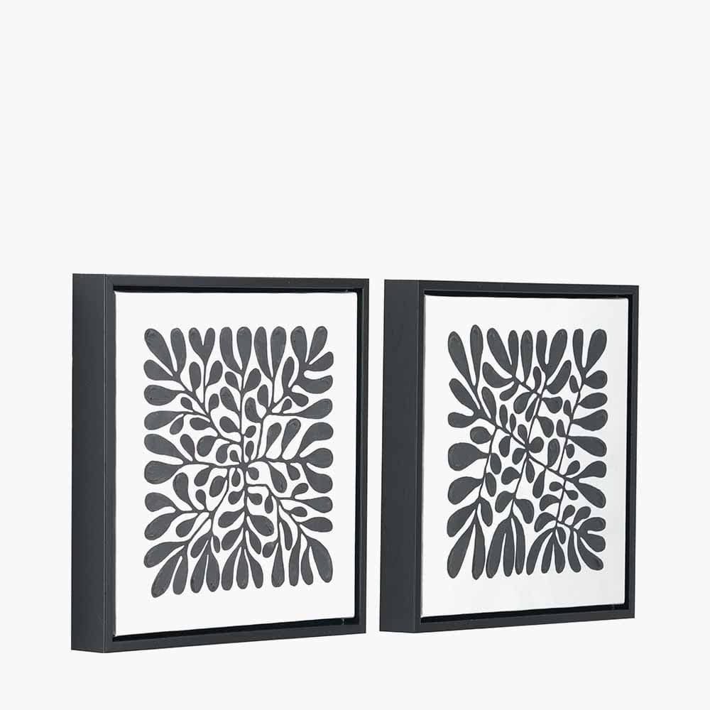 S/2 Black Leaf Print Square Canvases with Black Frames.