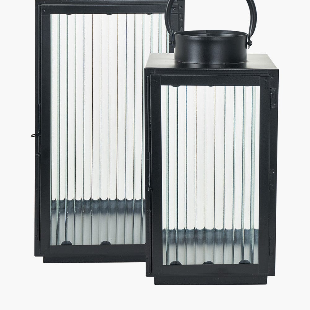 S/2 Black Metal and Ribbed Glass Lanterns.