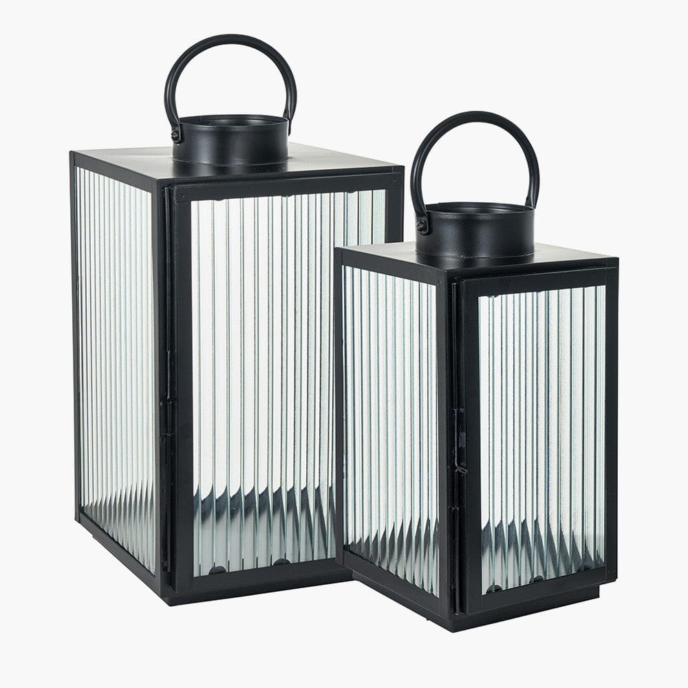 S/2 Black Metal and Ribbed Glass Lanterns.