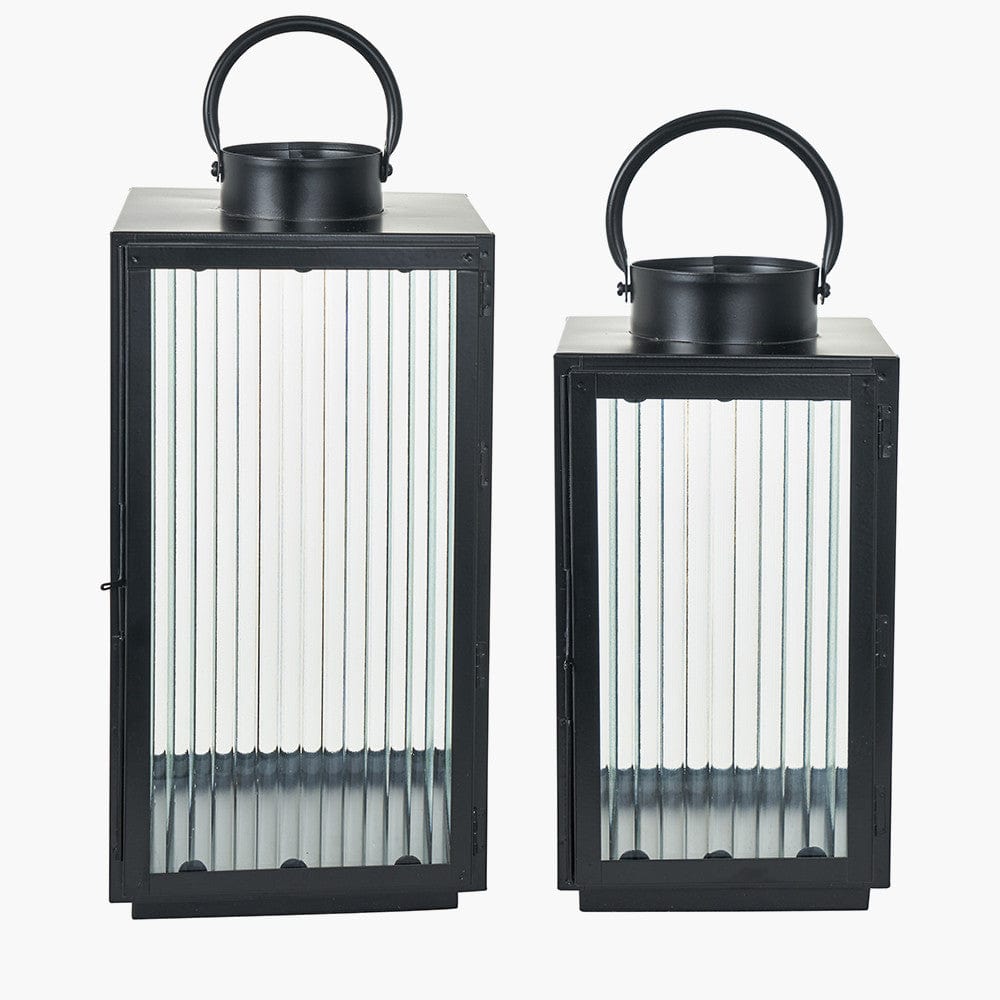 S/2 Black Metal and Ribbed Glass Lanterns.