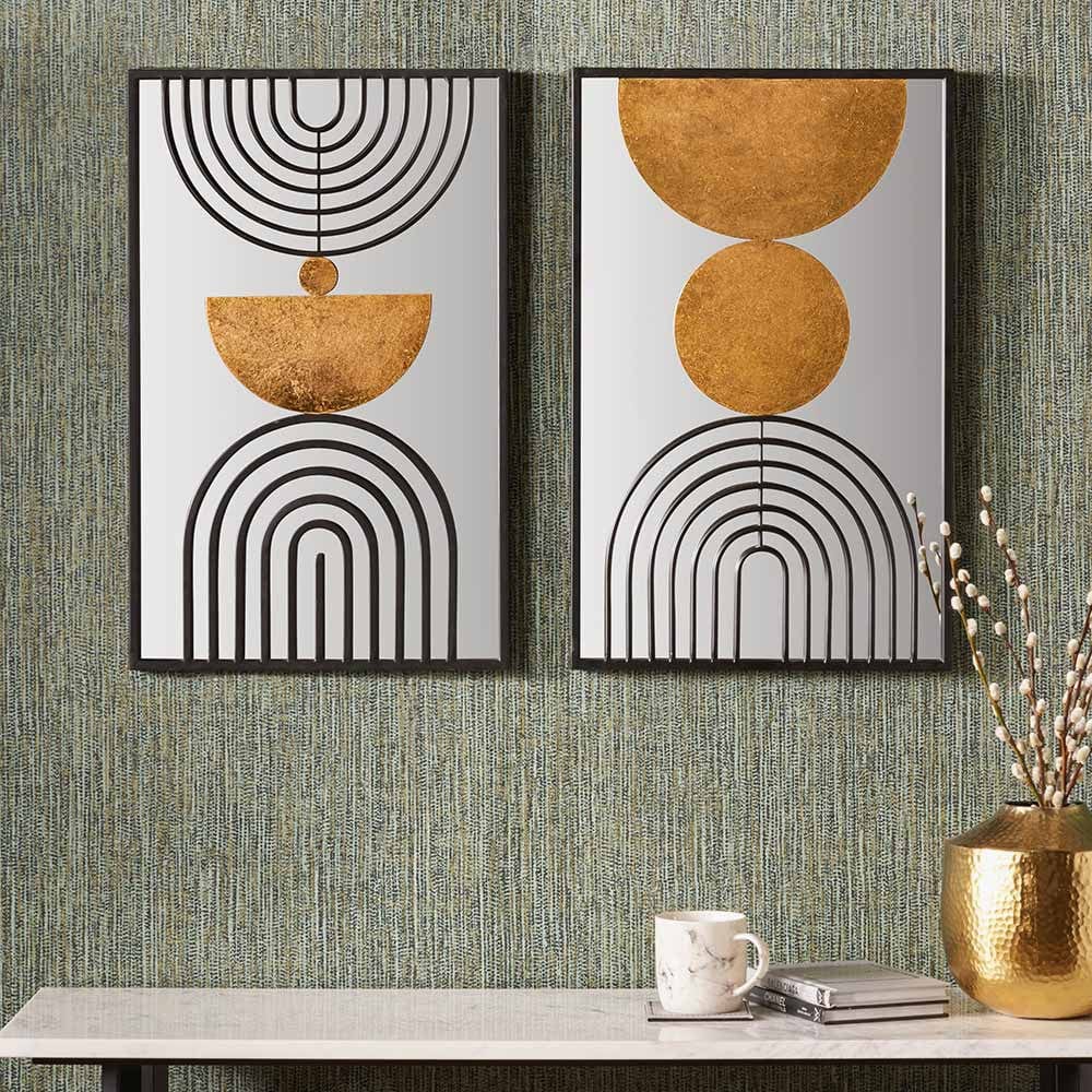 S/2 Mirrored, Black and Gold Metal Wall Art.