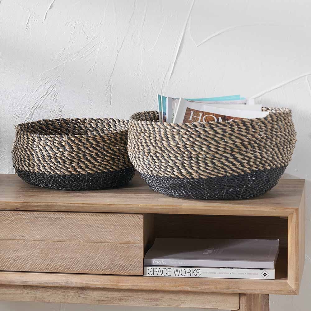 S/2 Seagrass Natural and Black Round Baskets.