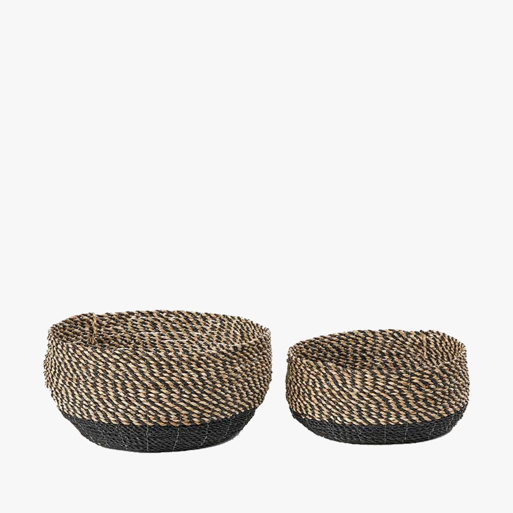 S/2 Seagrass Natural and Black Round Baskets.