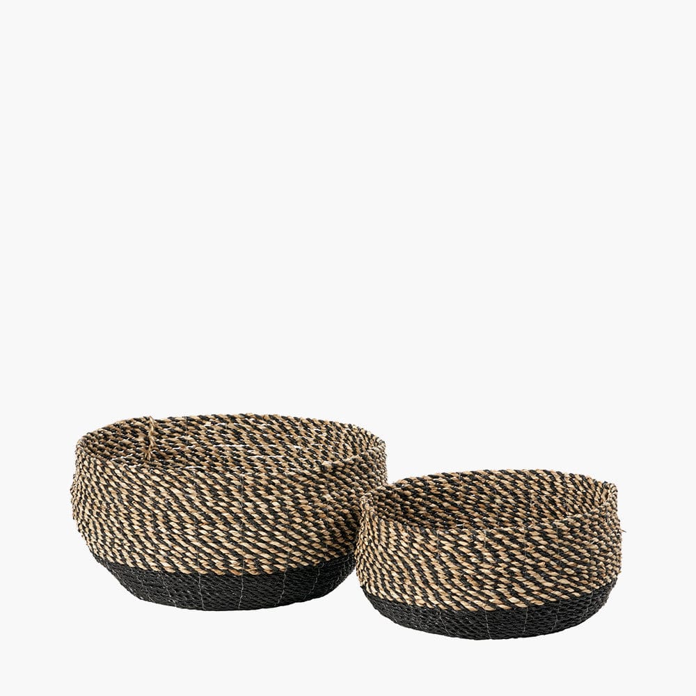 S/2 Seagrass Natural and Black Round Baskets.
