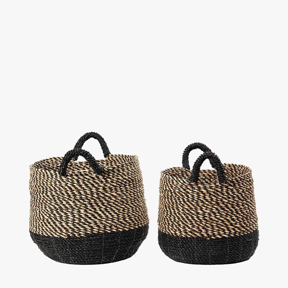 S/2 Seagrass Natural and Black Round Handled Baskets.