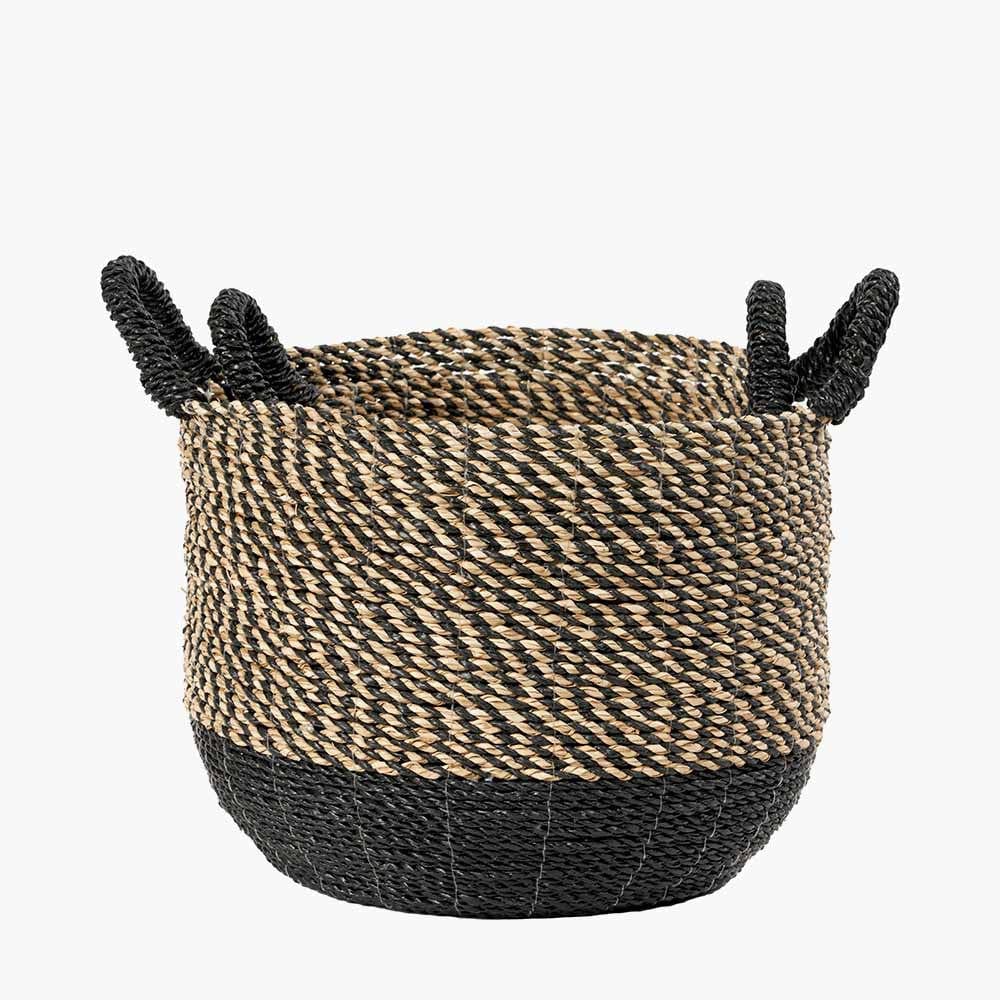 S/2 Seagrass Natural and Black Round Handled Baskets.