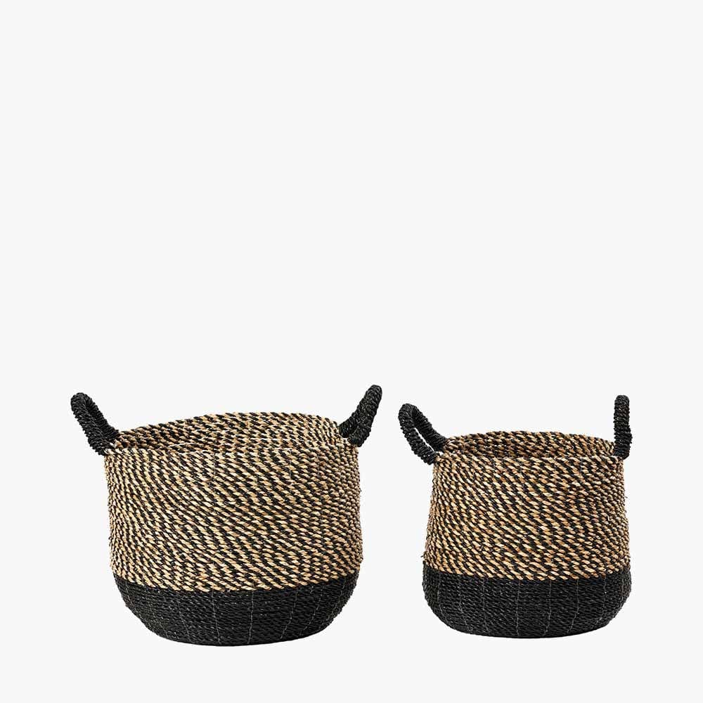 S/2 Seagrass Natural and Black Round Handled Baskets.