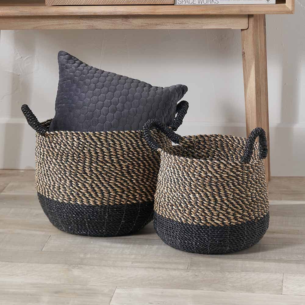 S/2 Seagrass Natural and Black Round Handled Baskets.