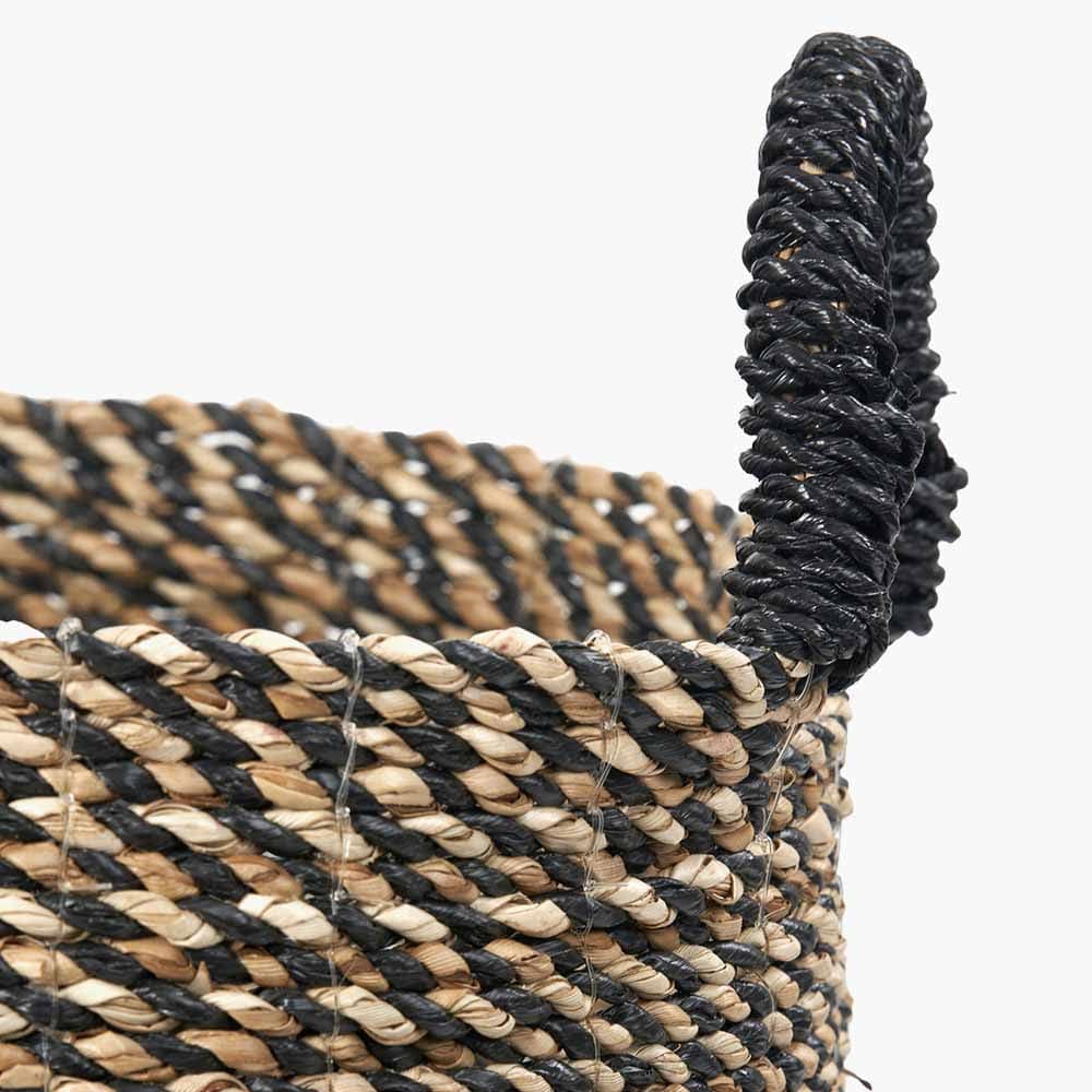 S/2 Seagrass Natural and Black Round Handled Baskets.