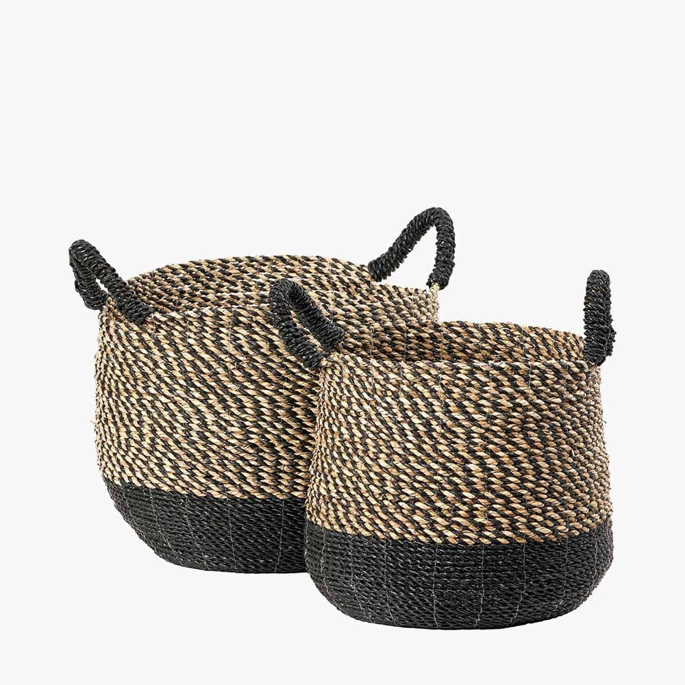 S/2 Seagrass Natural and Black Round Handled Baskets.