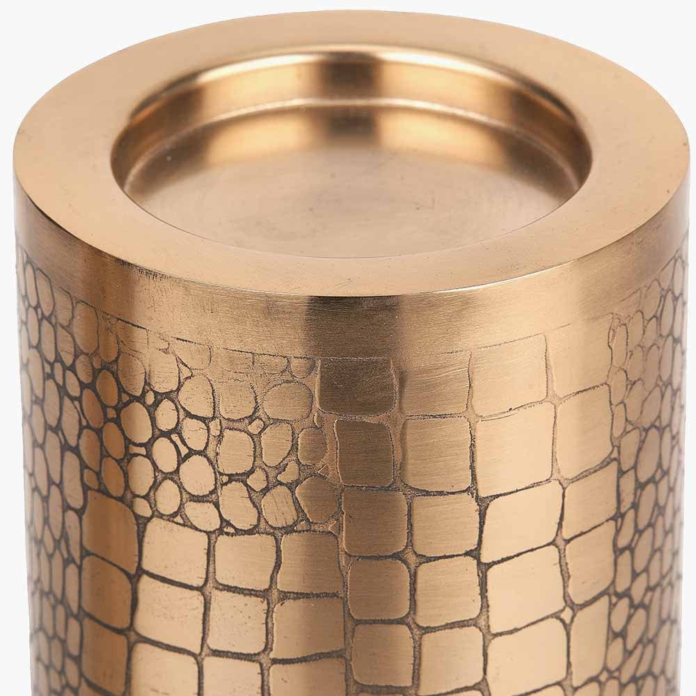 Set of 3 Antique Brass Croc Print Metal Pillar Candle Holders.