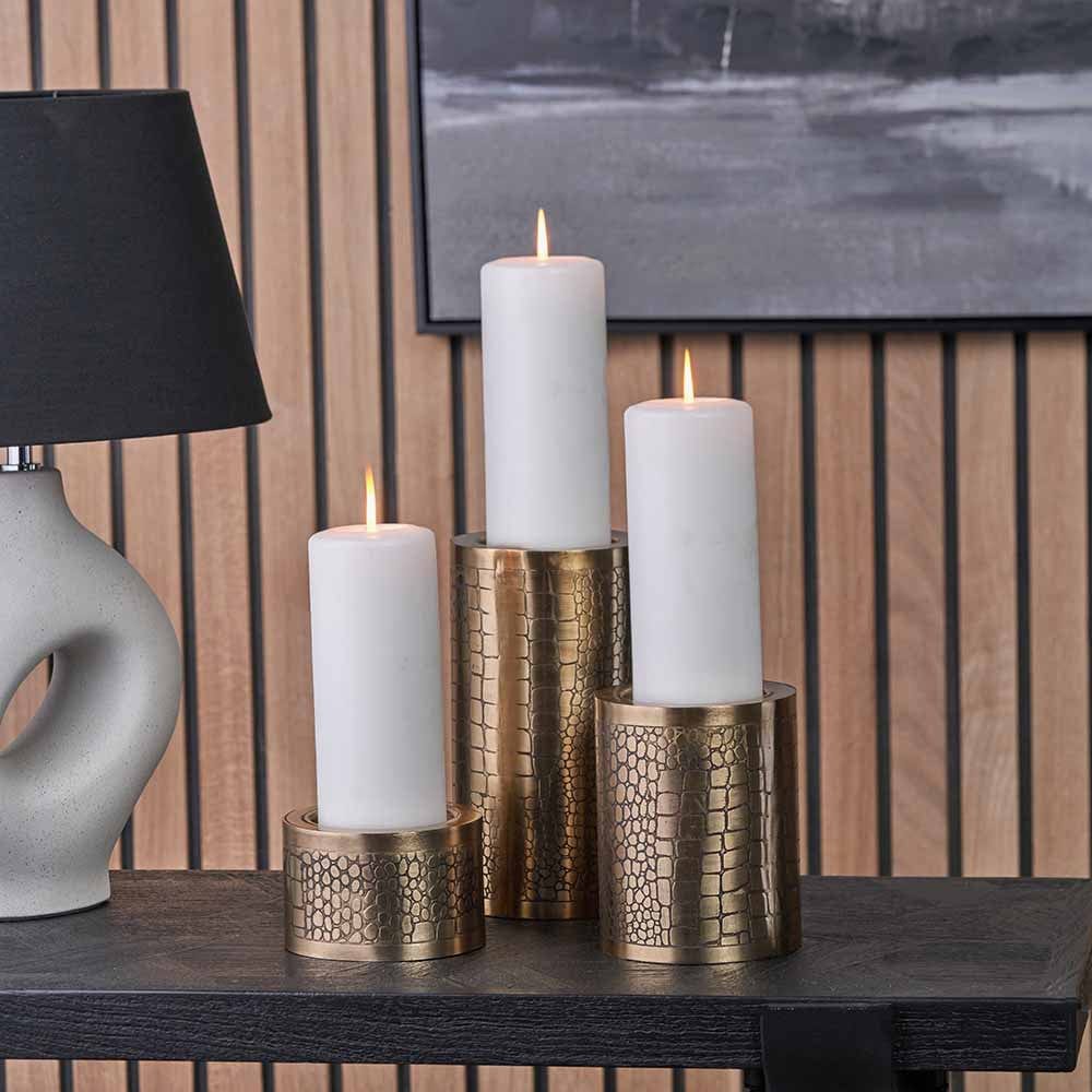 Set of 3 Antique Brass Croc Print Metal Pillar Candle Holders.
