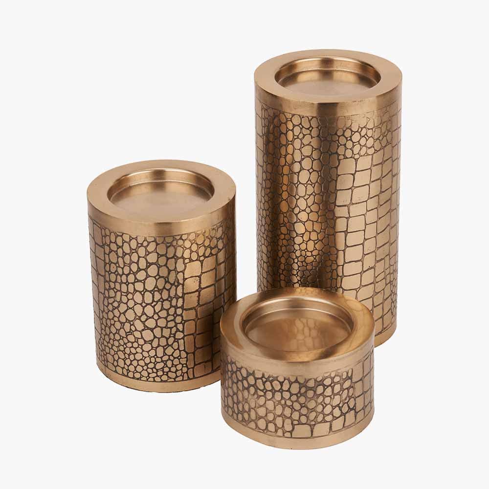 Set of 3 Antique Brass Croc Print Metal Pillar Candle Holders.
