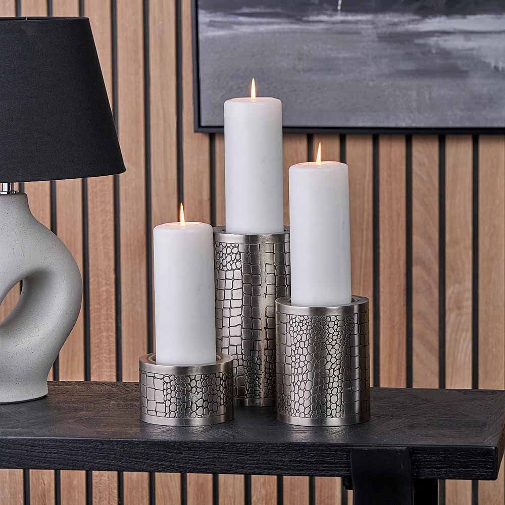 S/3 Antique Silver Croc Print Metal Pillar Candle Holders.