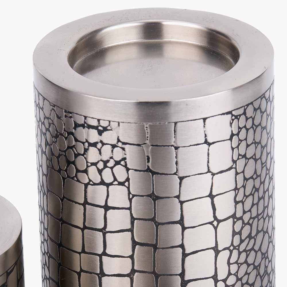 S/3 Antique Silver Croc Print Metal Pillar Candle Holders.