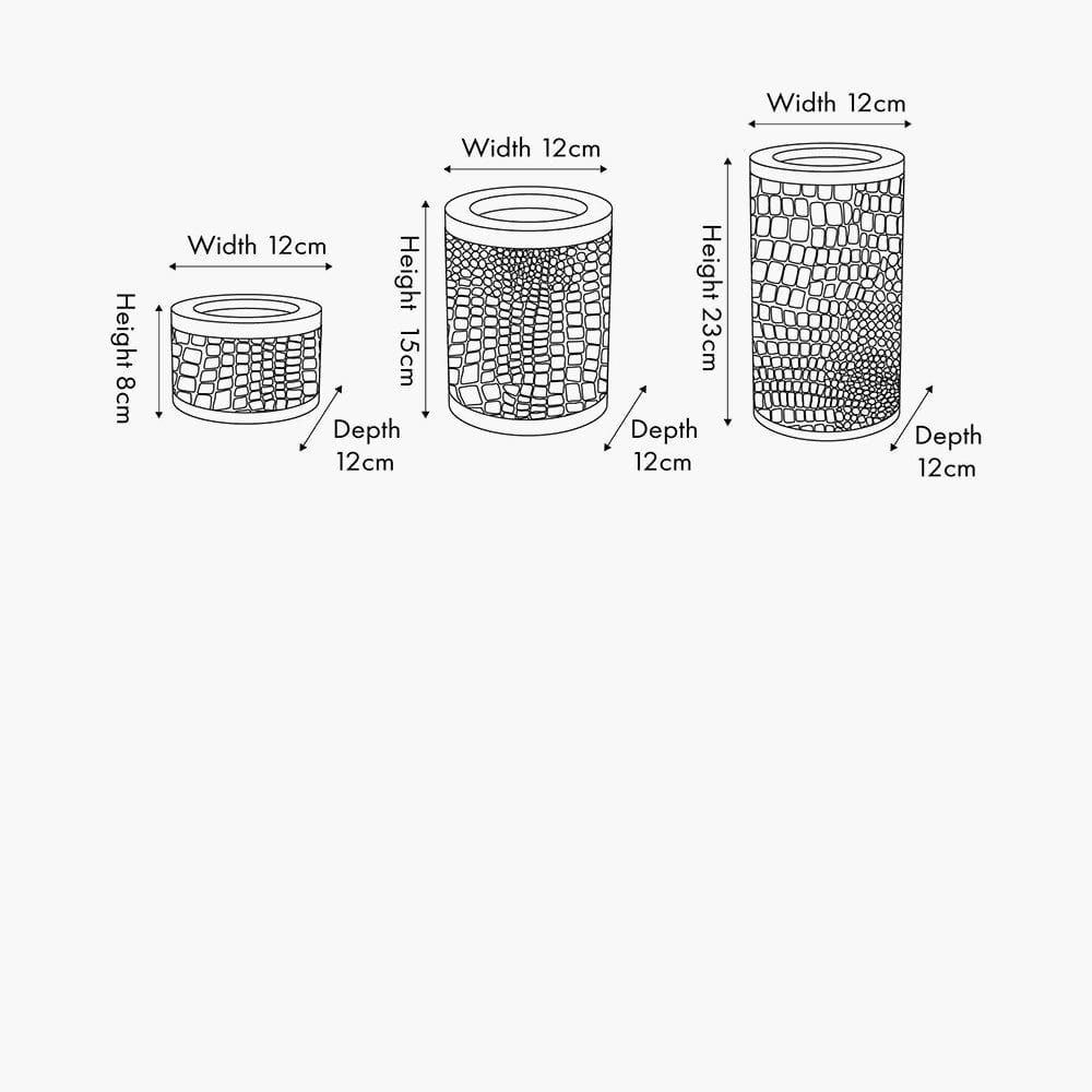 S/3 Antique Silver Croc Print Metal Pillar Candle Holders.