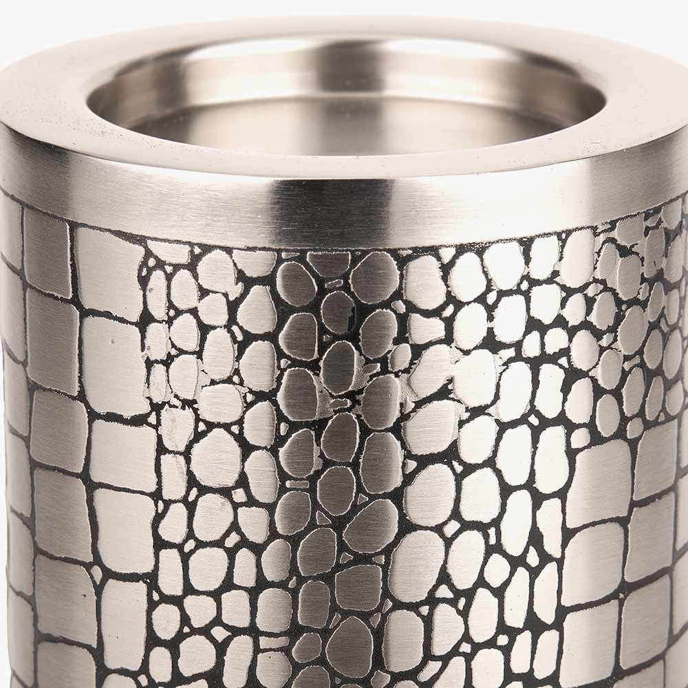 S/3 Antique Silver Croc Print Metal Pillar Candle Holders.