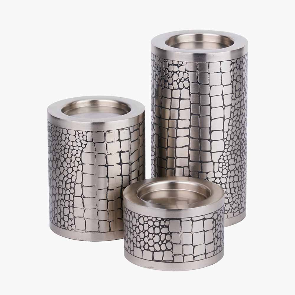 S/3 Antique Silver Croc Print Metal Pillar Candle Holders.