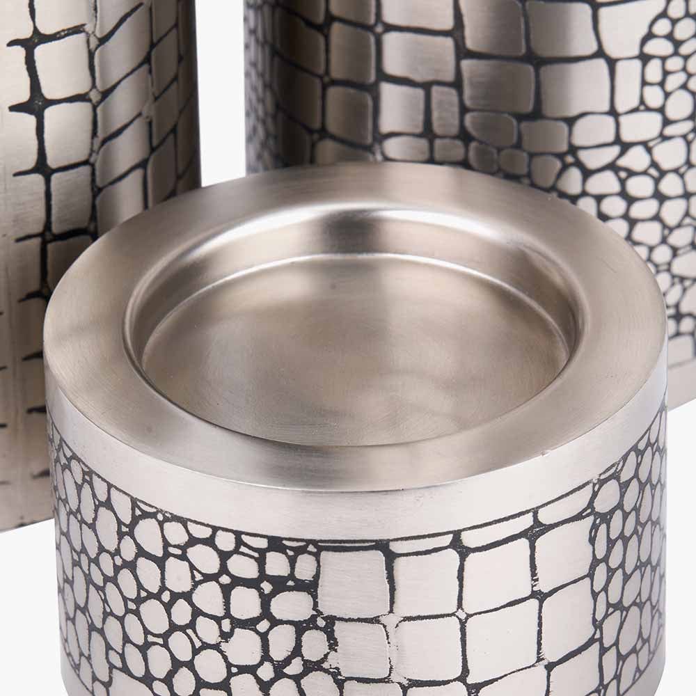 S/3 Antique Silver Croc Print Metal Pillar Candle Holders.