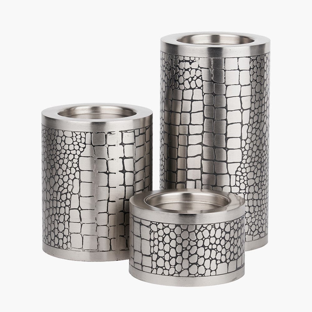 S/3 Antique Silver Croc Print Metal Pillar Candle Holders.