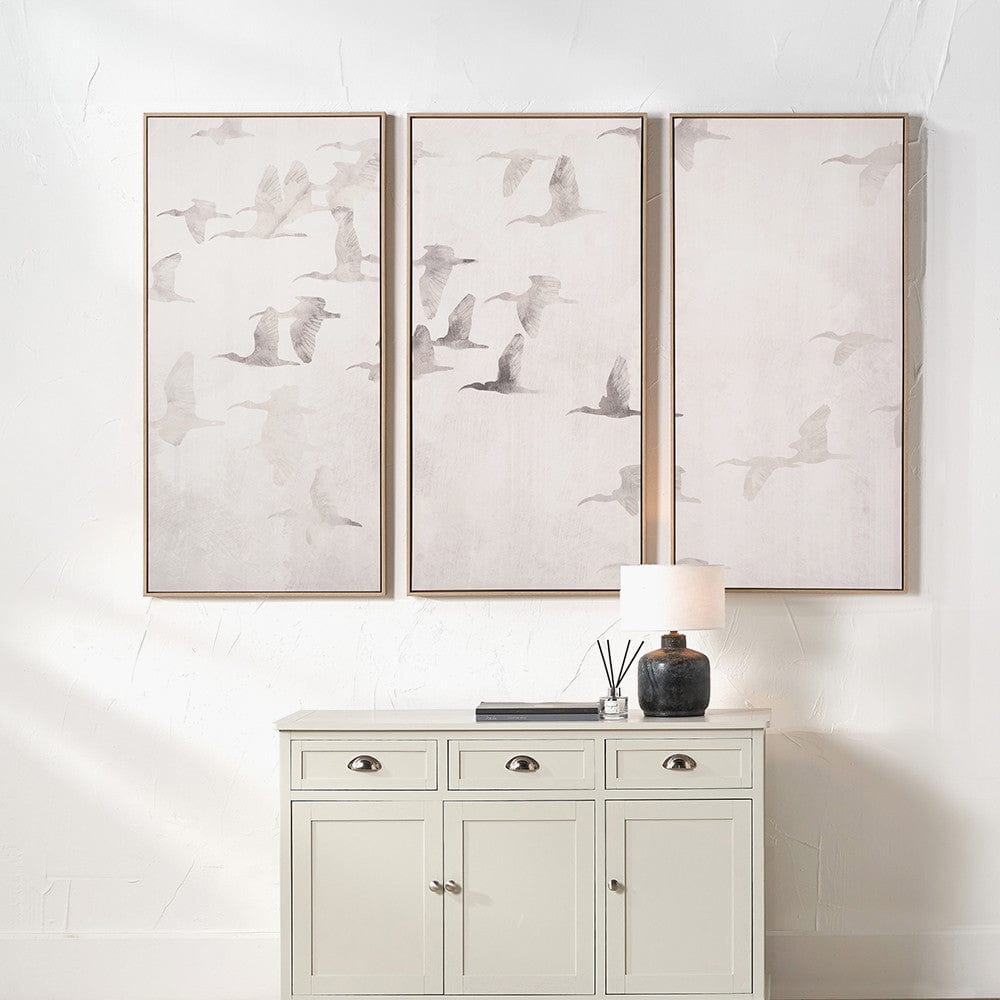 S/3 Natural and White Birds Canvases with Natural Frames.