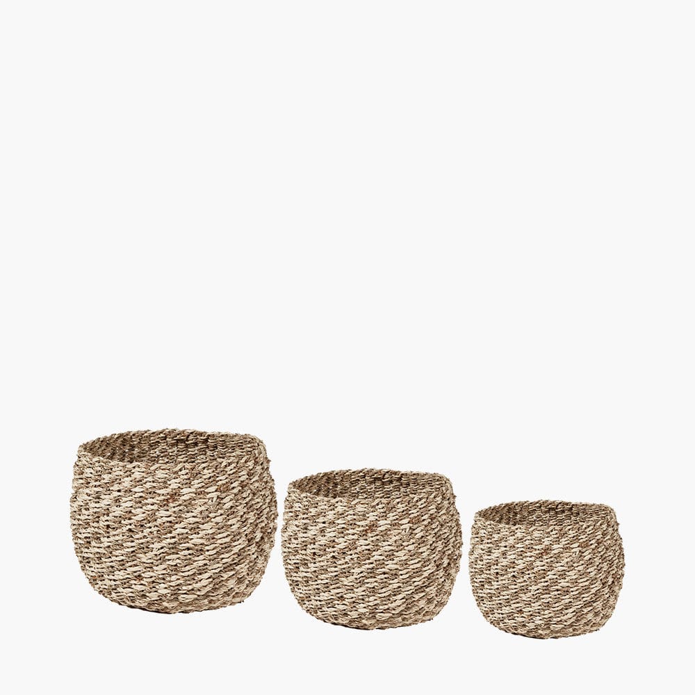 S/3 Woven 2-Tone Natural Seagrass and Palm Leaf Plaited Round Baskets.