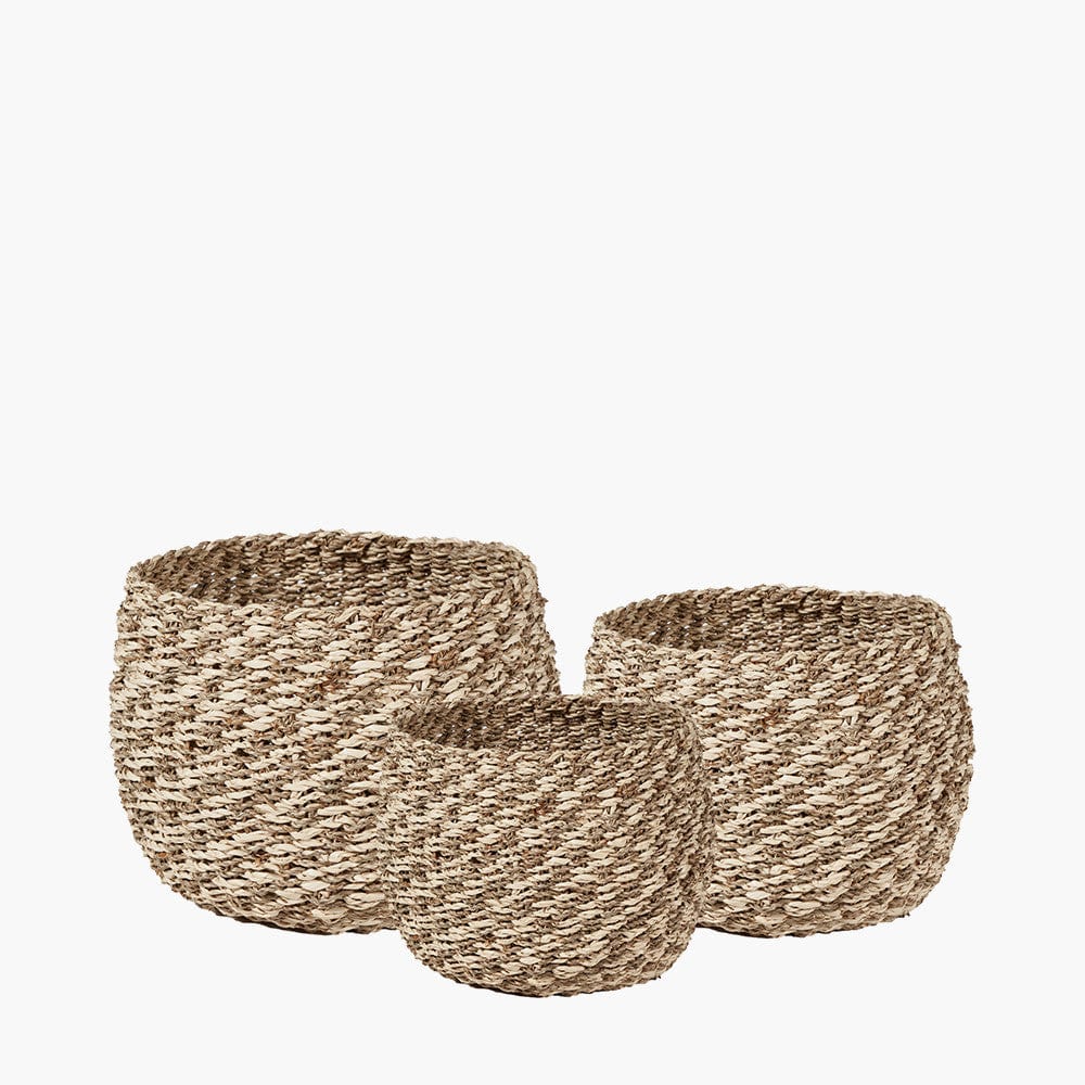 S/3 Woven 2-Tone Natural Seagrass and Palm Leaf Plaited Round Baskets.