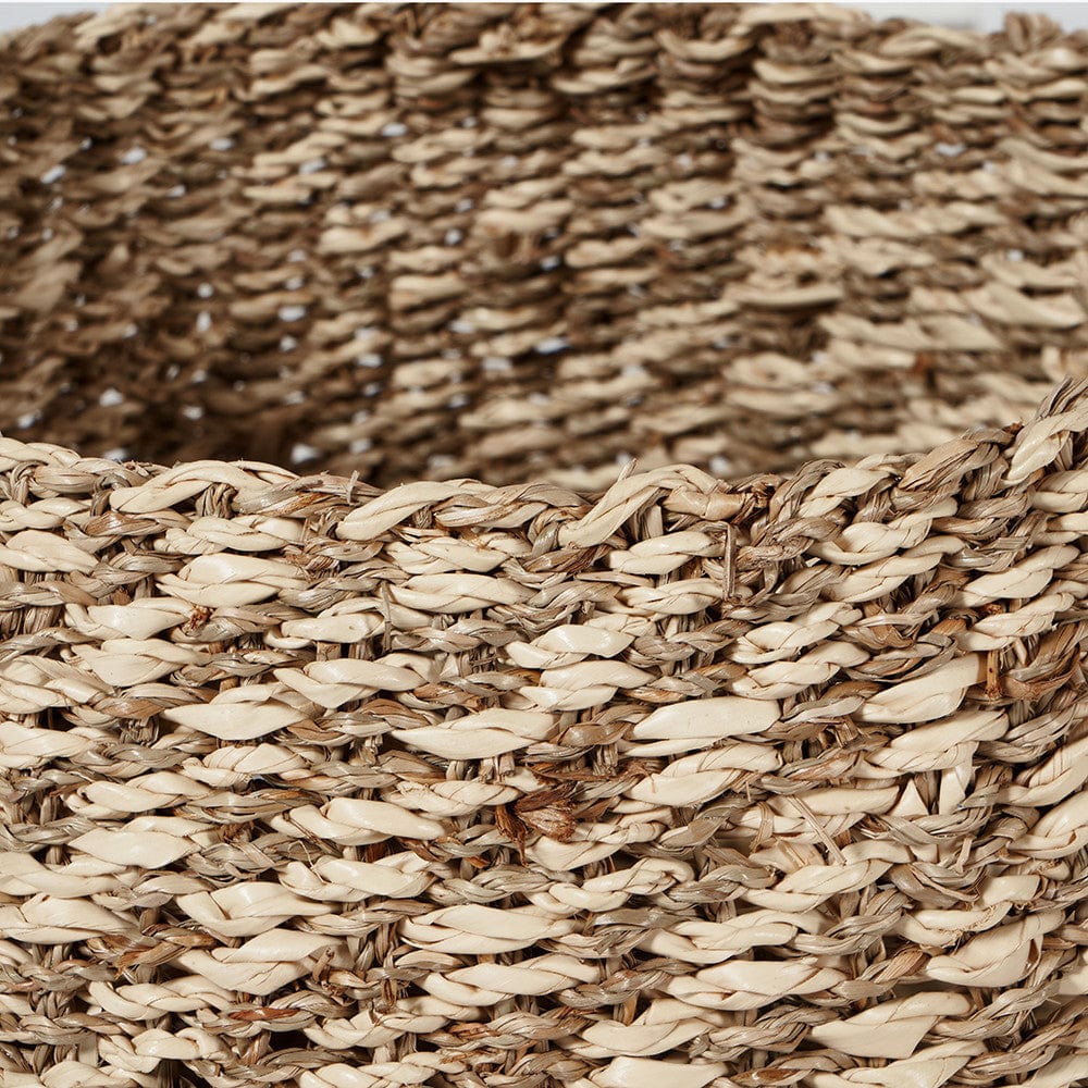 S/3 Woven 2-Tone Natural Seagrass and Palm Leaf Plaited Round Baskets.