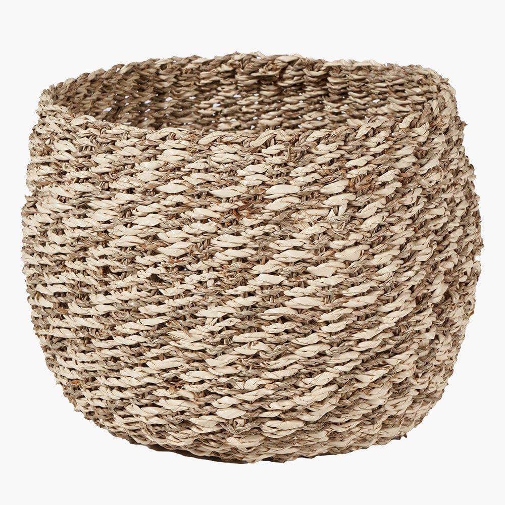 S/3 Woven 2-Tone Natural Seagrass and Palm Leaf Plaited Round Baskets.