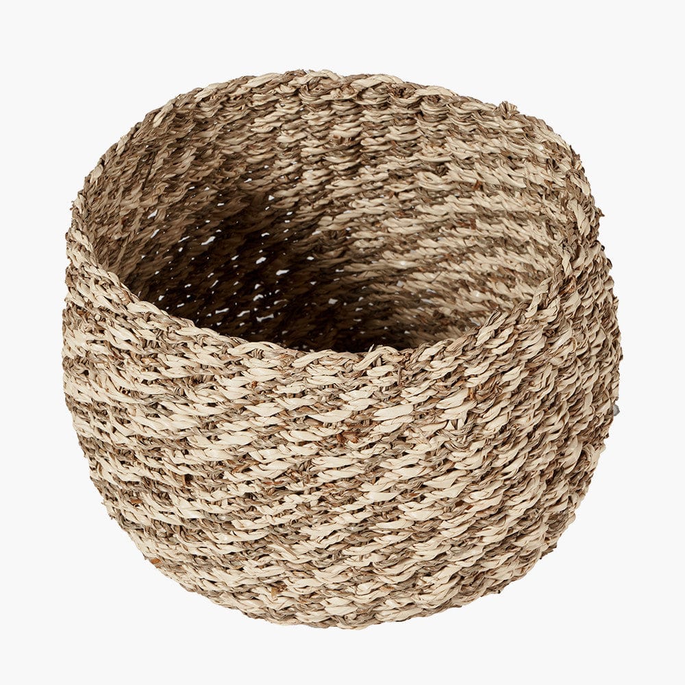 S/3 Woven 2-Tone Natural Seagrass and Palm Leaf Plaited Round Baskets.
