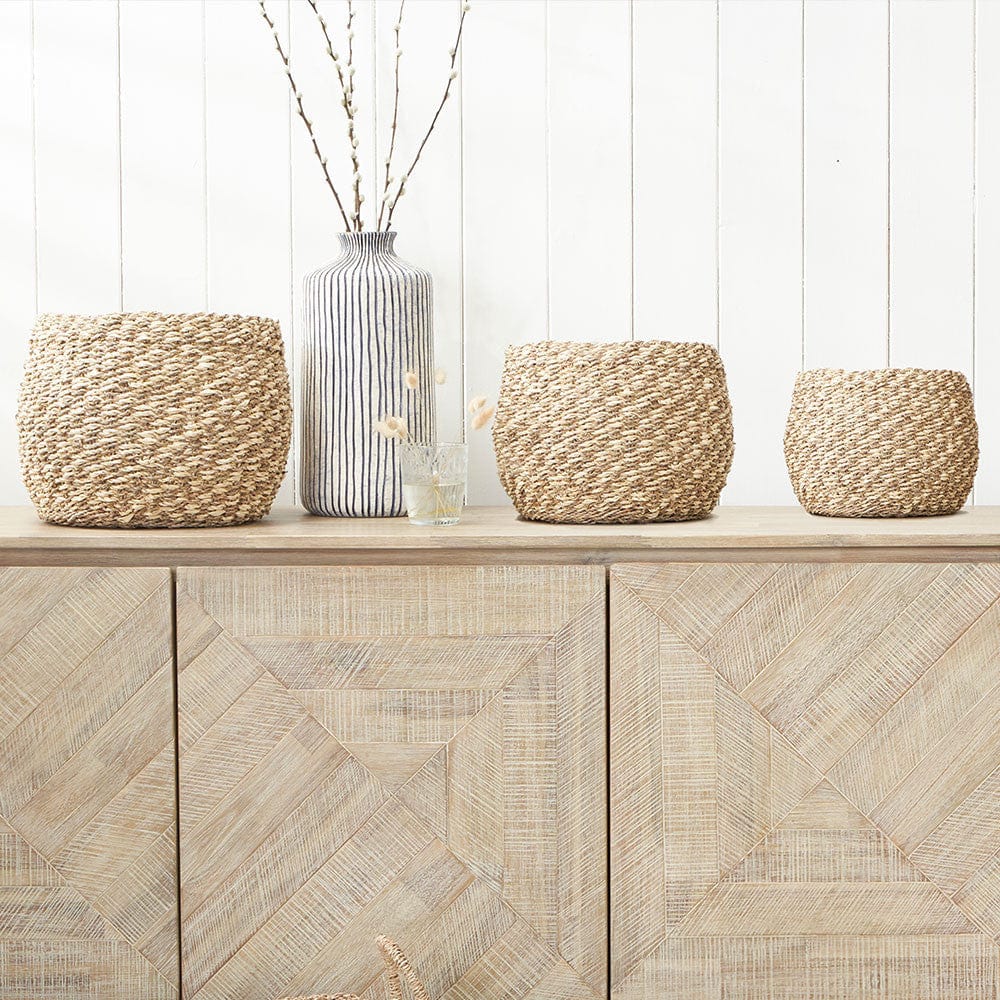 S/3 Woven 2-Tone Natural Seagrass and Palm Leaf Plaited Round Baskets.