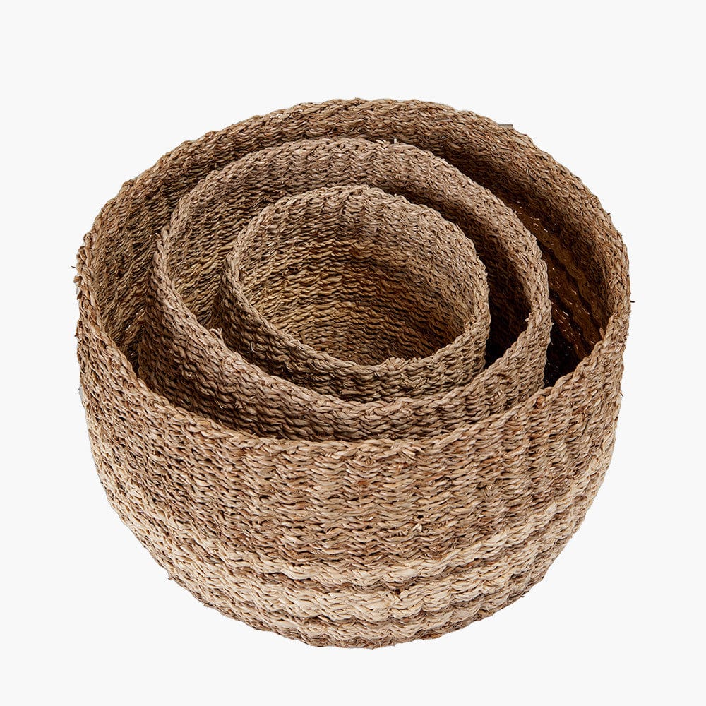 Pacific Lifestyle Accessories S/3 Woven 2-Tone Natural Seagrass and Palm Leaf Round Baskets House of Isabella UK