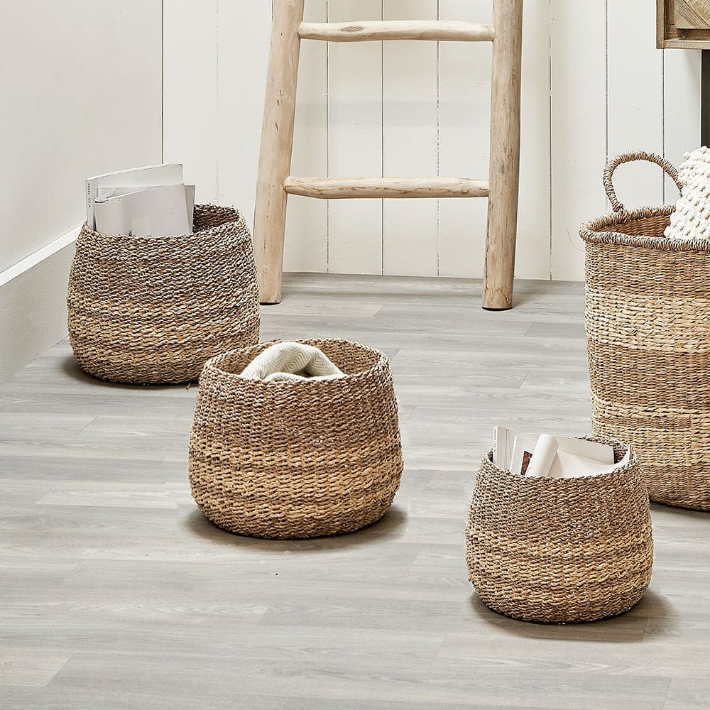 S/3 Woven 2-Tone Natural Seagrass and Palm Leaf Round Baskets.
