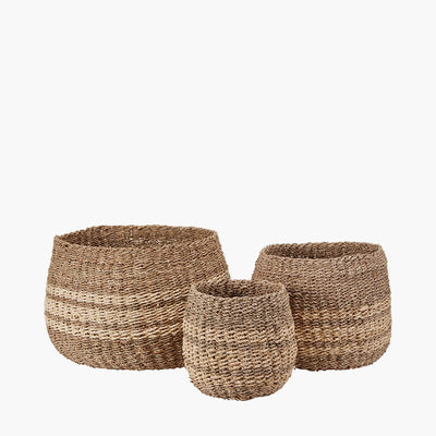 Pacific Lifestyle Accessories S/3 Woven 2-Tone Natural Seagrass and Palm Leaf Round Baskets House of Isabella UK