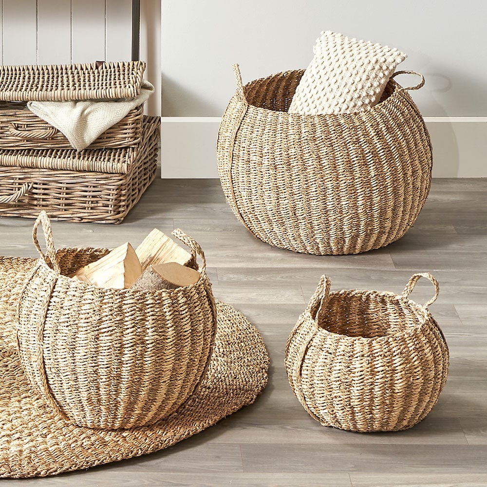 S/3 Woven Striped Natural Seagrass and Palm Leaf Round Baskets.