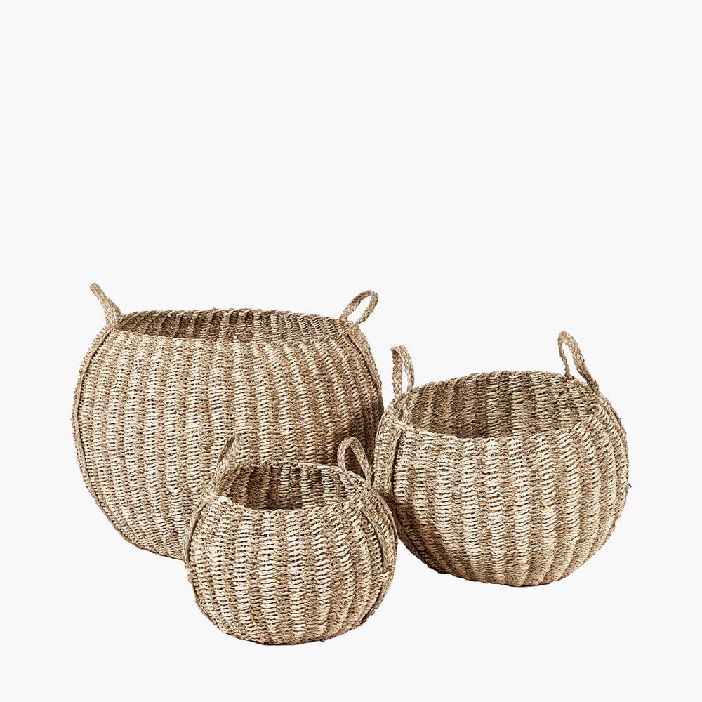 S/3 Woven Striped Natural Seagrass and Palm Leaf Round Baskets.