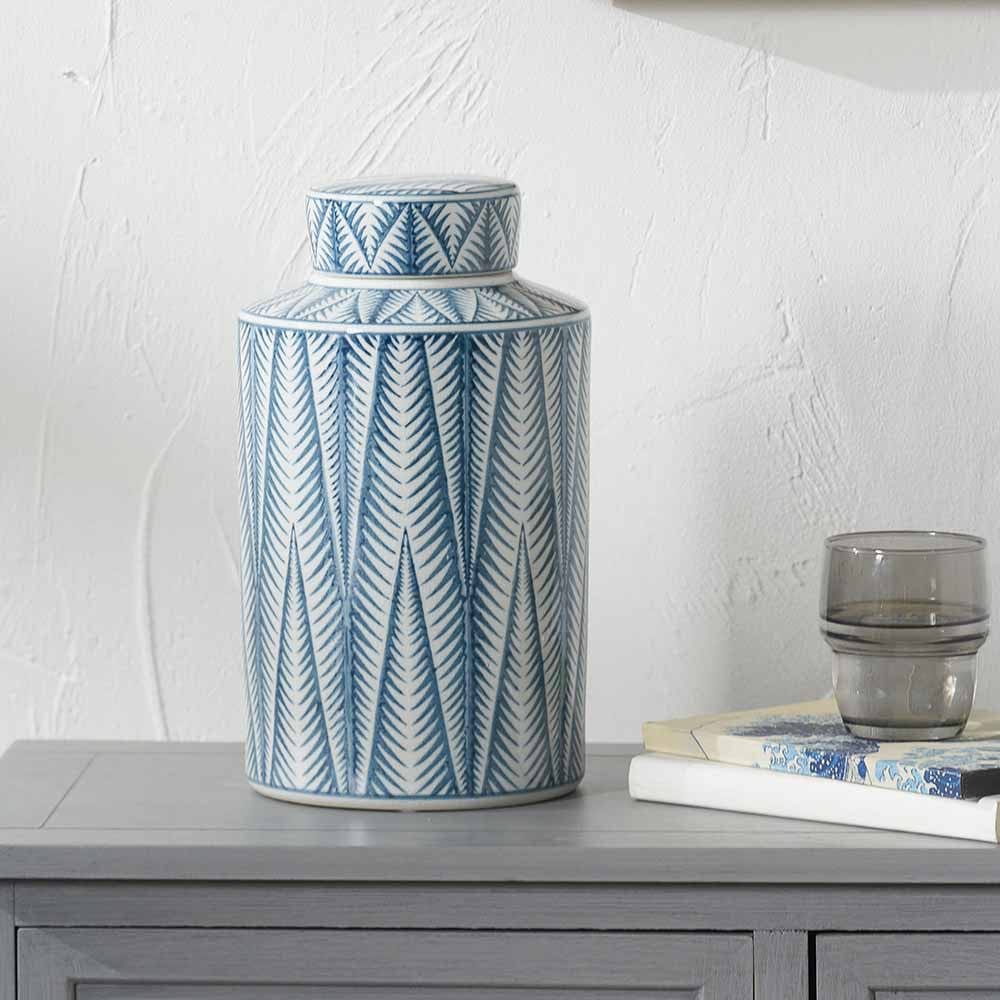 Pacific Lifestyle Accessories Samara Blue and White Ceramic Aztec Design Lidded Ginger Jar House of Isabella UK