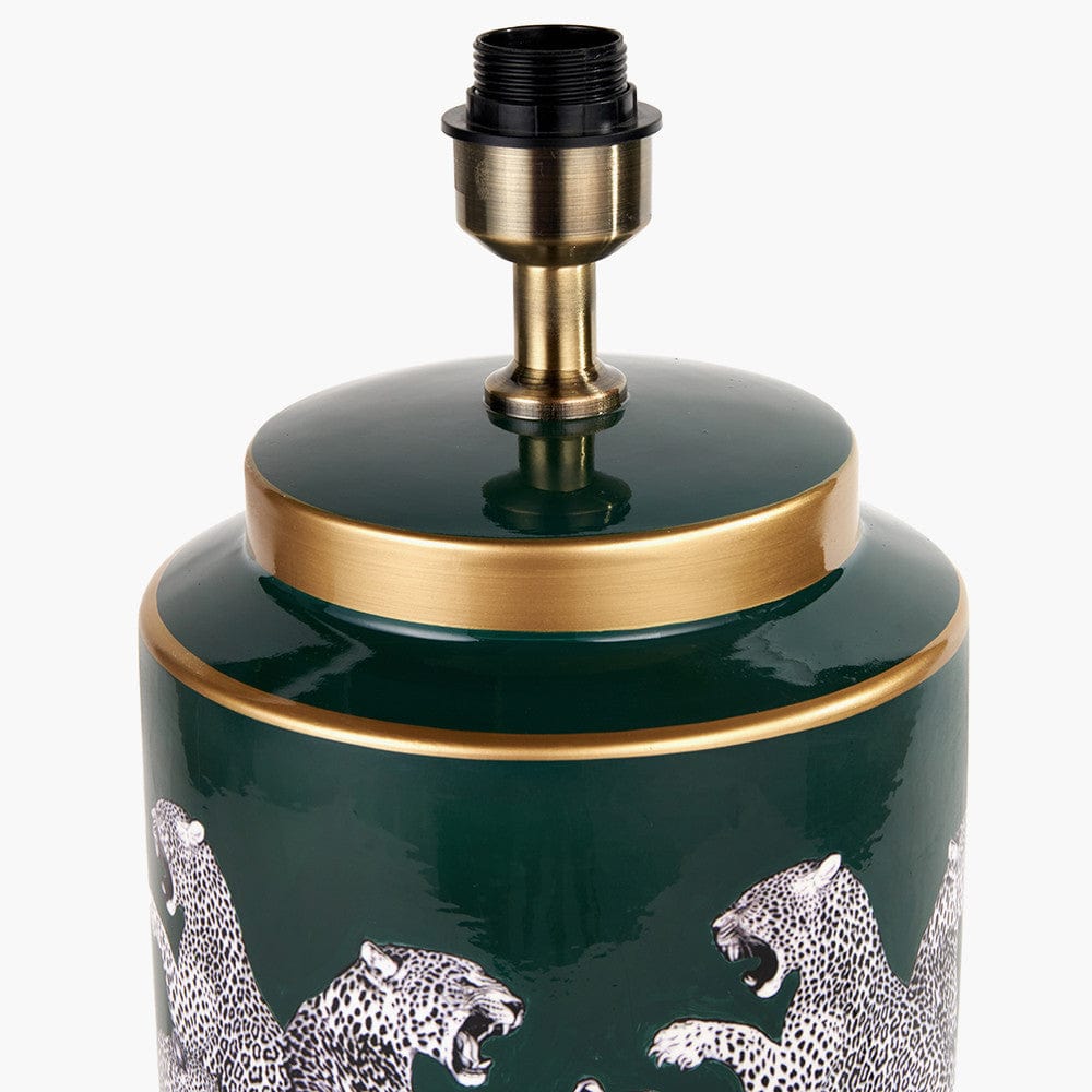 Saskia Forest Green Tall Cheetah Ceramic Table Lamp Base with Henry 40cm White Handloom Cylinder Lampshade.