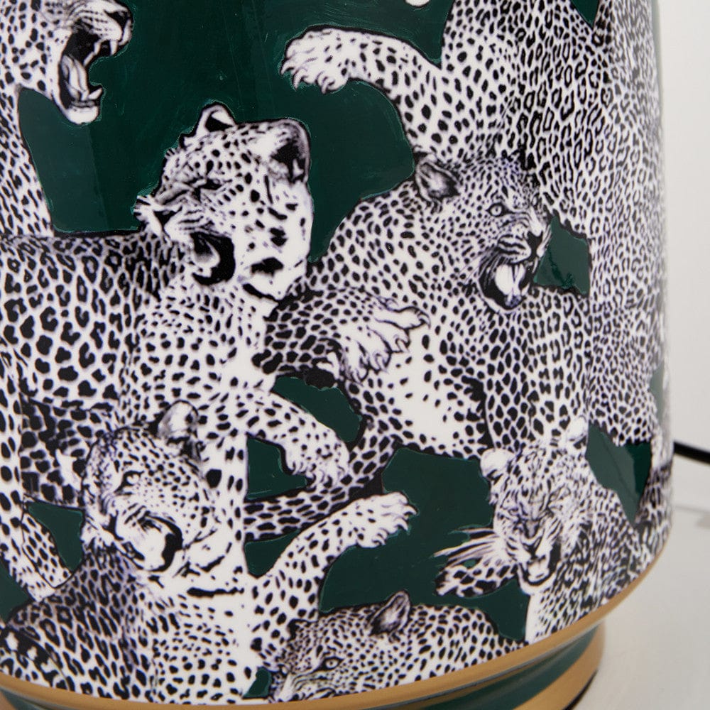 Saskia Forest Green Tall Cheetah Ceramic Table Lamp Base with Henry 40cm White Handloom Cylinder Lampshade.